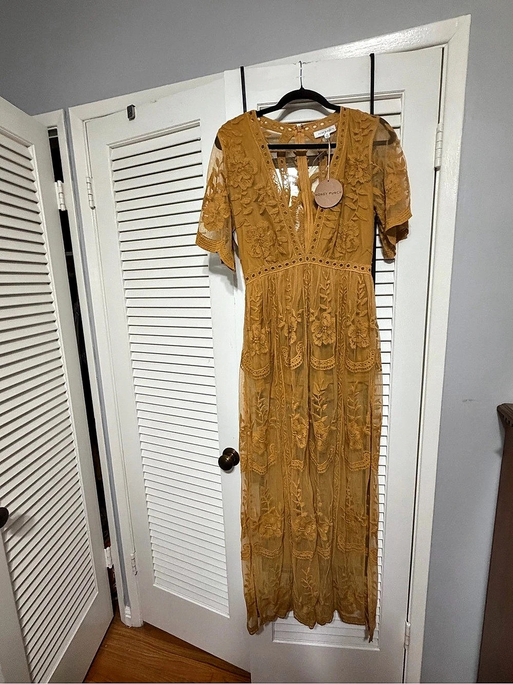 Honey Punch As You Wish Embroidered Lace Maxi Dress Yellow Medium